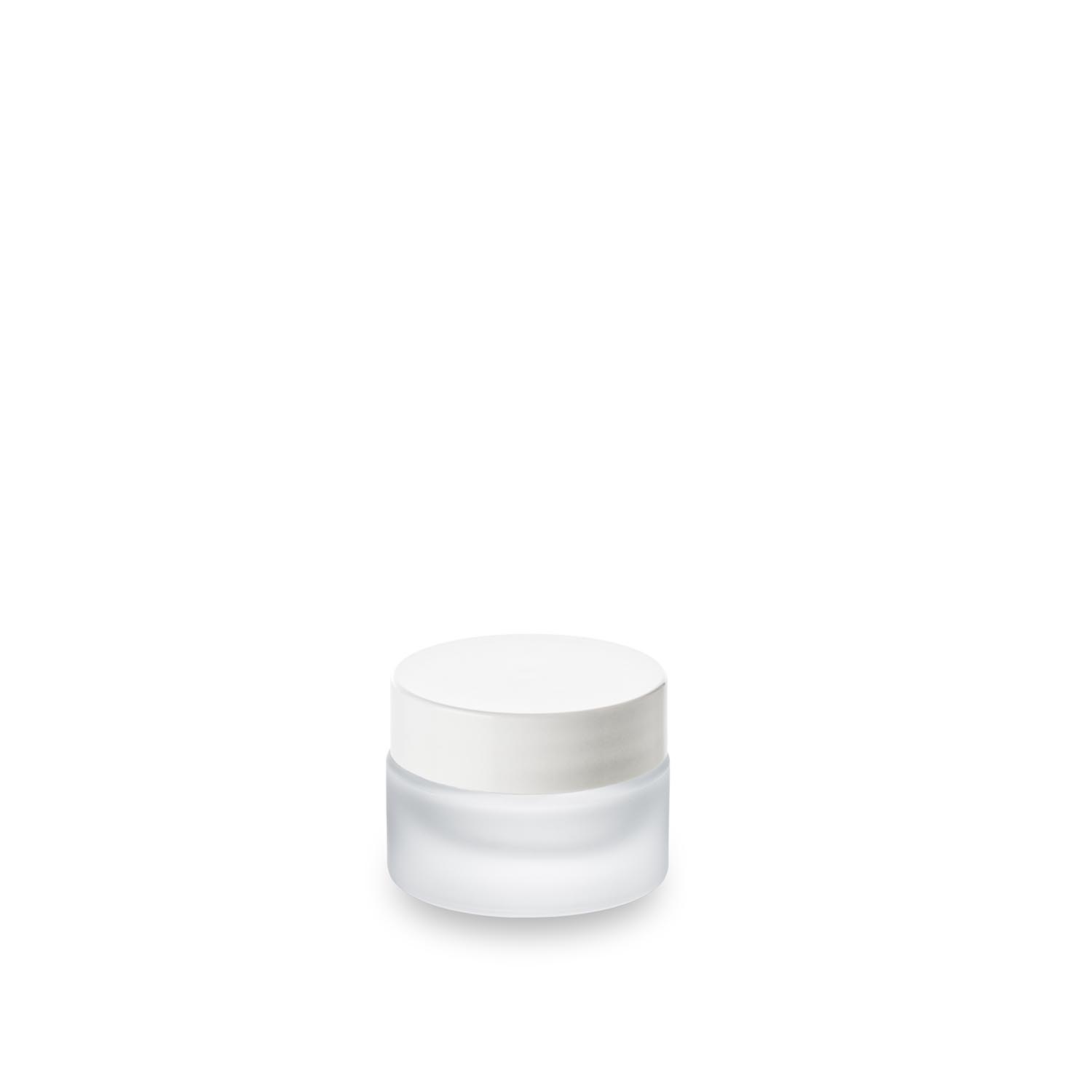 09.2__pot-cla15_co-thb40_pot_verre_15ml_et_couvercle_thermodur_bas_40_400_-_ 15 ml frosted jar GCMI 41/400 or cosmetic sample with white lid