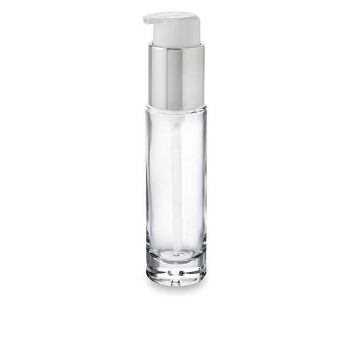 Premium glass bottle 50 ml GCMI 24/410 ring with its pump short spout silver neck