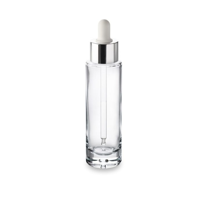 50 ml Premium glass bottle with GCMI 24/410 ring and white dropper with silver neck : Luxury cosmetics