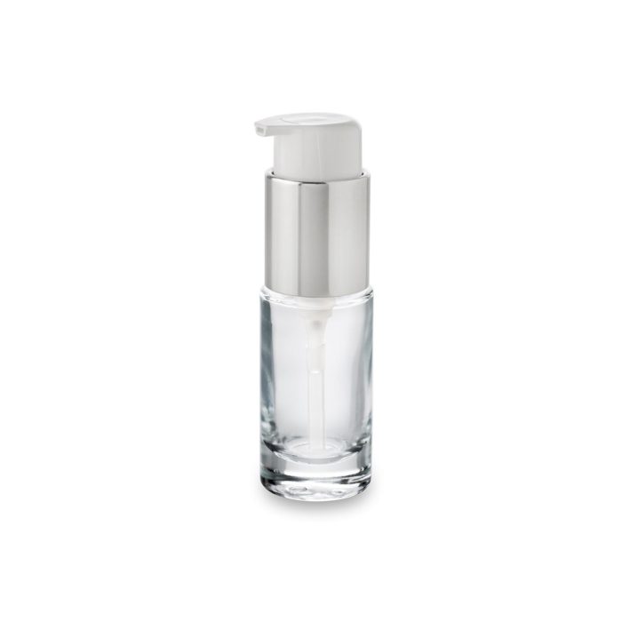 Premium glass cosmetic bottle 30 ml ring GCMI 24/410 with its pump short spout silver neck