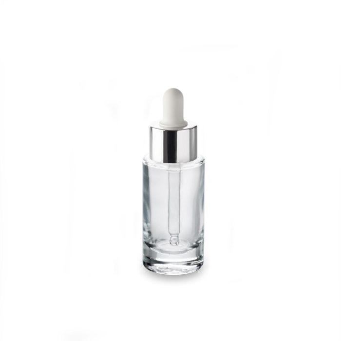 The white dropper with silver neck fits the 30 ml bottle Premium ring GCMI 24/410