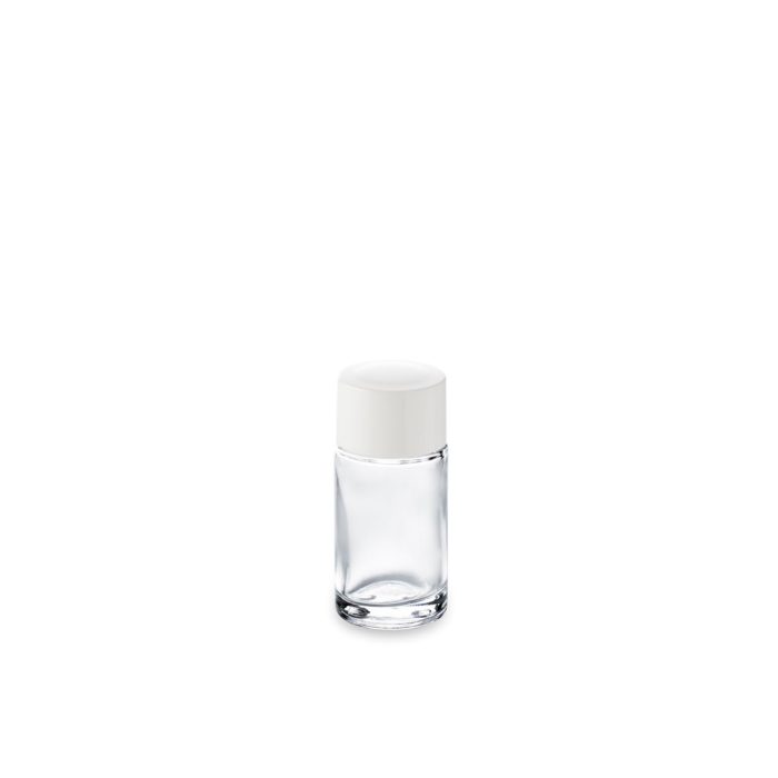 White flat thermoset cap on 15 ml glass bottle GCMI 18/415 ring