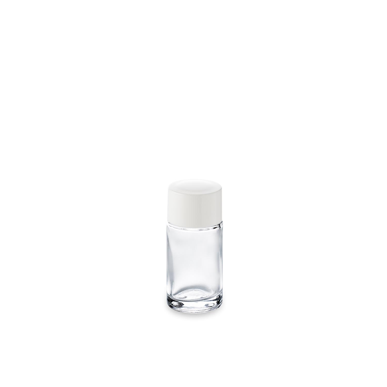 19.2_fla-aur15_bou-pp18_-_flacon_verre_15_ml_Aurore_et_bouchon_PP_18-415-_Em White flat thermoset cap on 15 ml glass bottle GCMI 18/415 ring