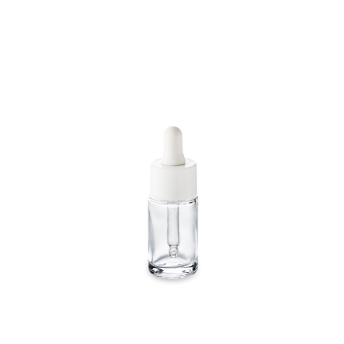 The Aurore 15 ml GCMI 18/415 bottle and its white wide neck dropper for a small format packaging