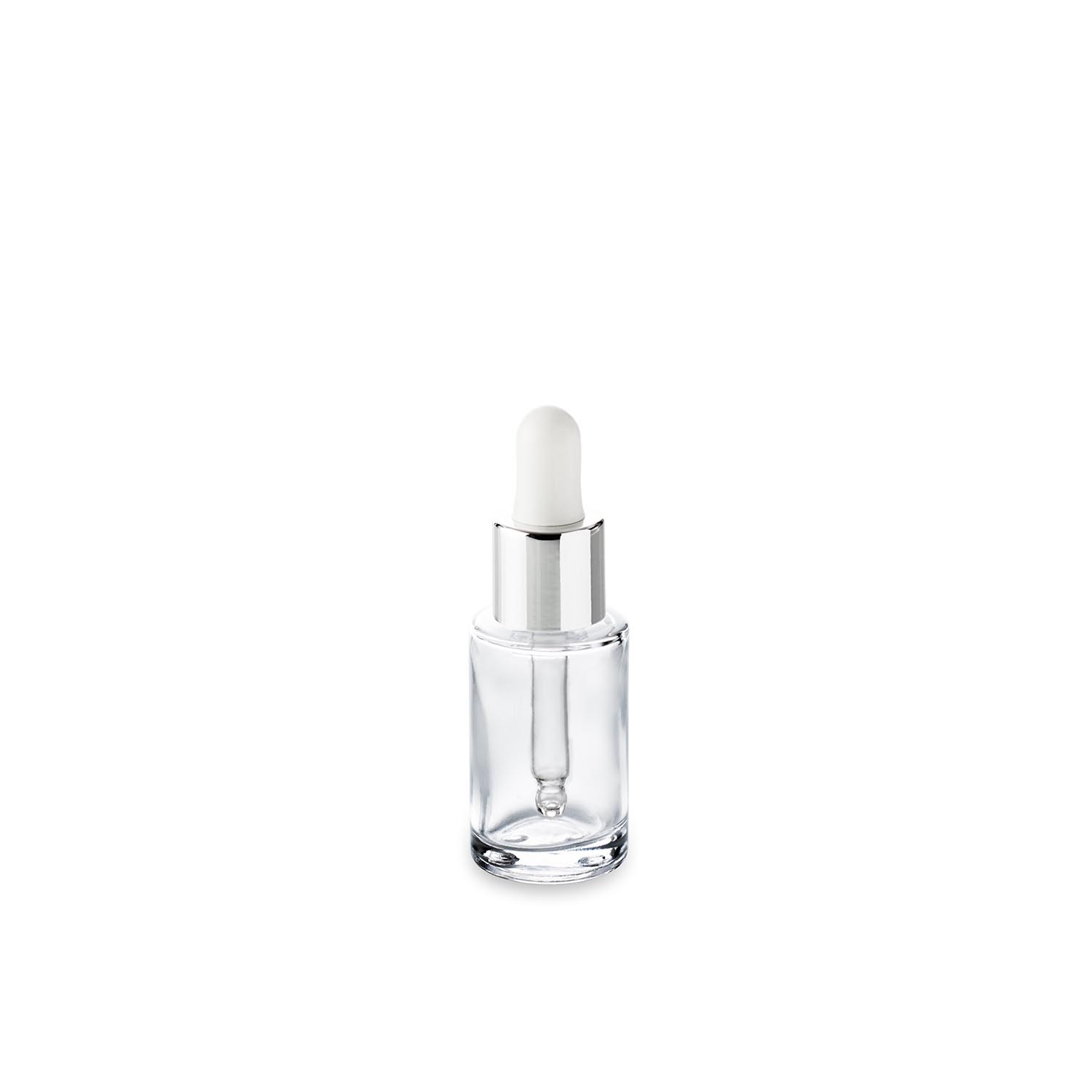 19.5__fla-aur15_cg-ppch18an_-_flacon_verre_15_ml_Aurore_et_compte-goutte_18- 15 ml glass bottle GCMI 18/415 and its white silver neck dropper