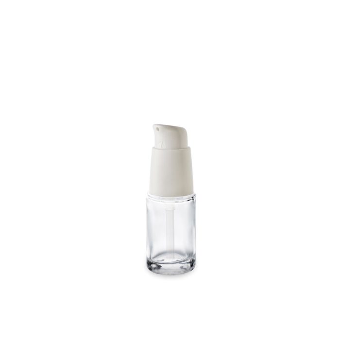 15 ml cosmetic bottle in GCMI 18/415 glass and its ergonomic pump for a small capacity packaging