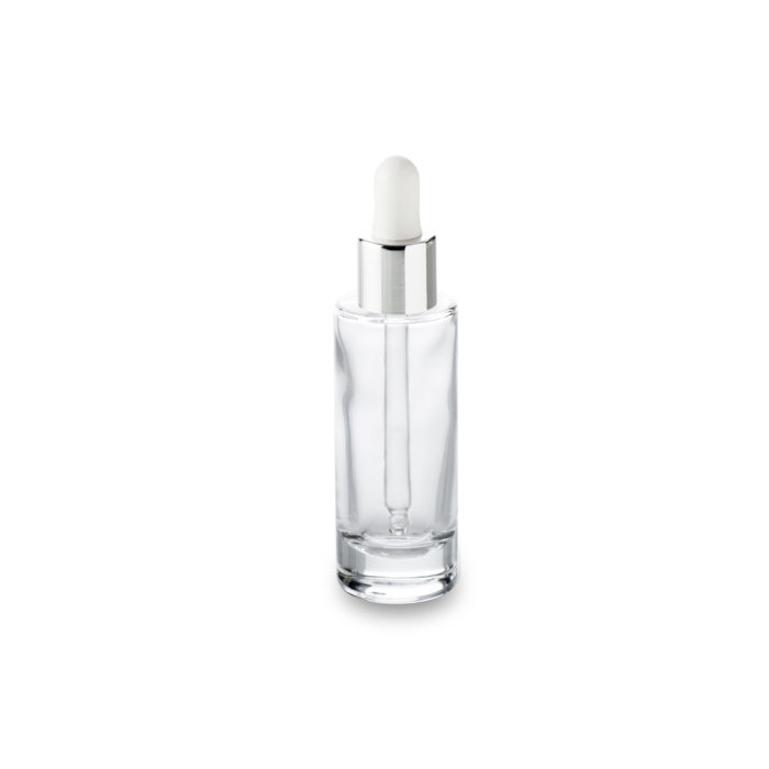 Aurore 30 ml glass cosmetic bottle GCMI 18/415 and its white silver neck dropper for a small format packaging signed Embalforme.