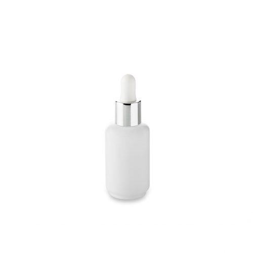 White dropper with silver neck on its 30 ml Opale glass bottle