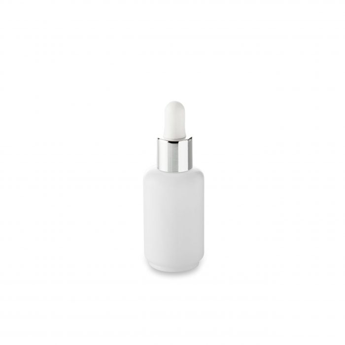 White dropper with silver neck on its 30 ml Opale glass bottle