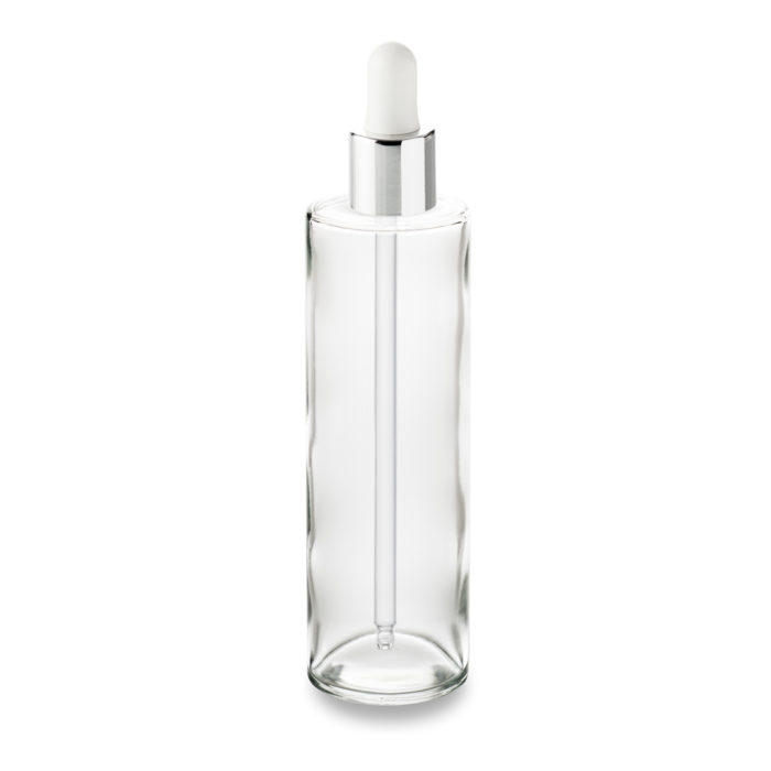 A white dropper with a silver neck to dispense your creams with the 100 ml Orion bottle from Embalforme ring GCMI 18/415