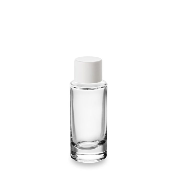 White cap and 30 ml glass cosmetic bottle