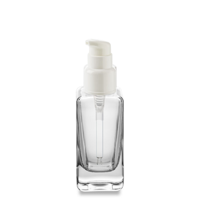 50 ml glass cosmetic bottle with short spout pump