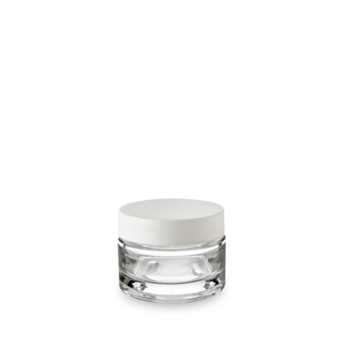 The Classique 30 ml jar for cosmetic packaging with a white lid.