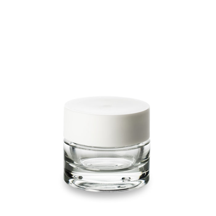 A 50 ml Premium cosmetic jar 60/400 ring in PCR glass with white lid