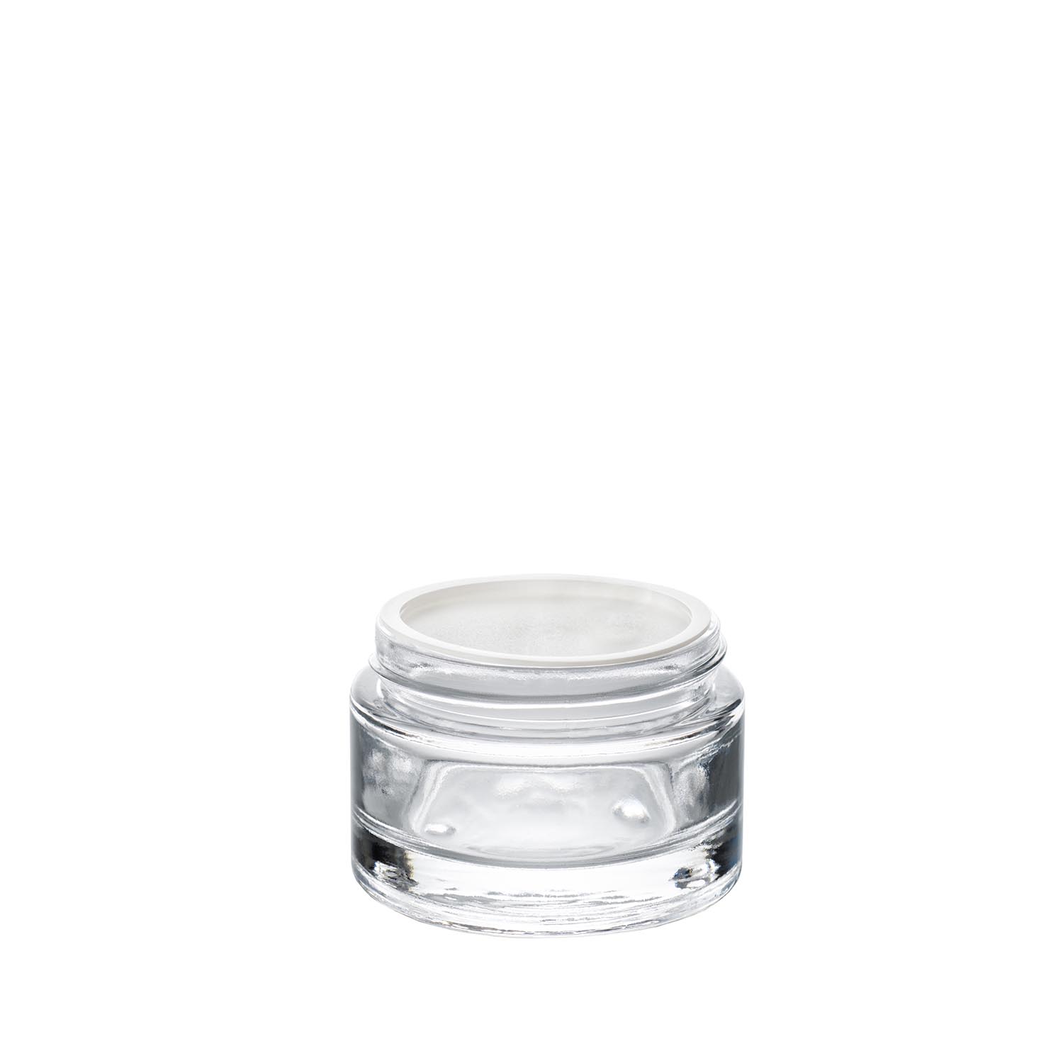 05.3(b)_pot-cla50_op58_pot_verre_50ml_et_opercule_sans languette 58-400_-_Embalforme Lid without grip tab on a 50 ml glass cosmetic jar
