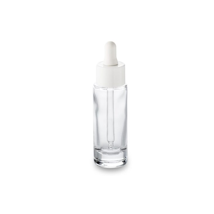 Glass bottle Aurore 30 ml GCMI 18/415 and its white wide neck dropper