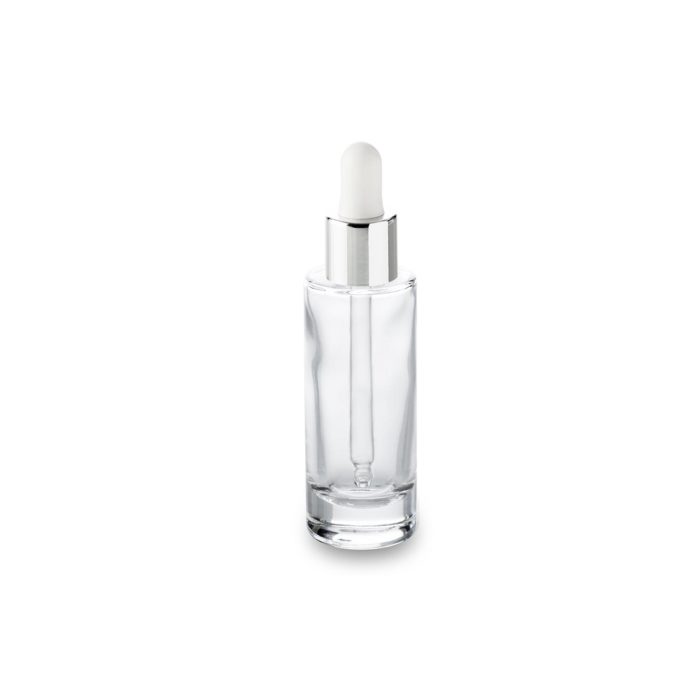 30 ml glass cosmetic bottle GCMI 18/415 and its white dropper with silver neck