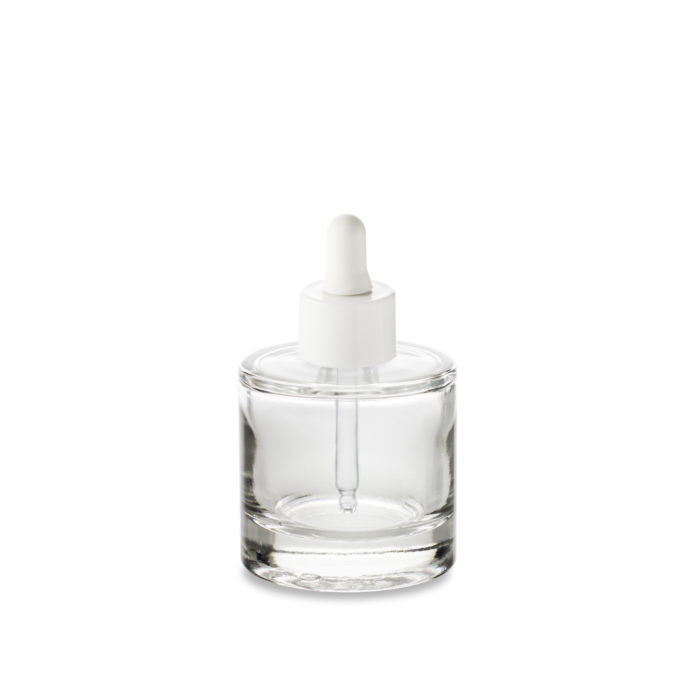 Flacon verre cosmétique bulle d'Embalforme en 50 ml bague GCMI 18/415et son compte-gouttes large blanc