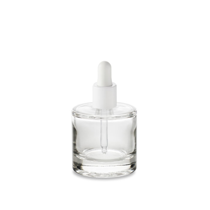 Flacon verre cosmétique bulle d'Embalforme en 50 ml bague GCMI 18/415 et son compte-gouttes blanc