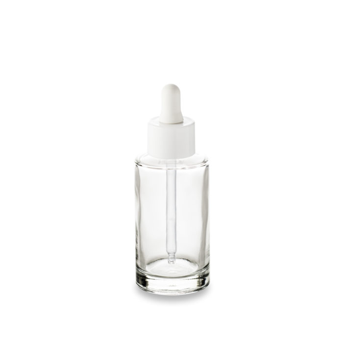 A large white dropper to dispense your oils and serums with the 50 ml glass Orion bottle from Embalforme ring GCMI 18/415