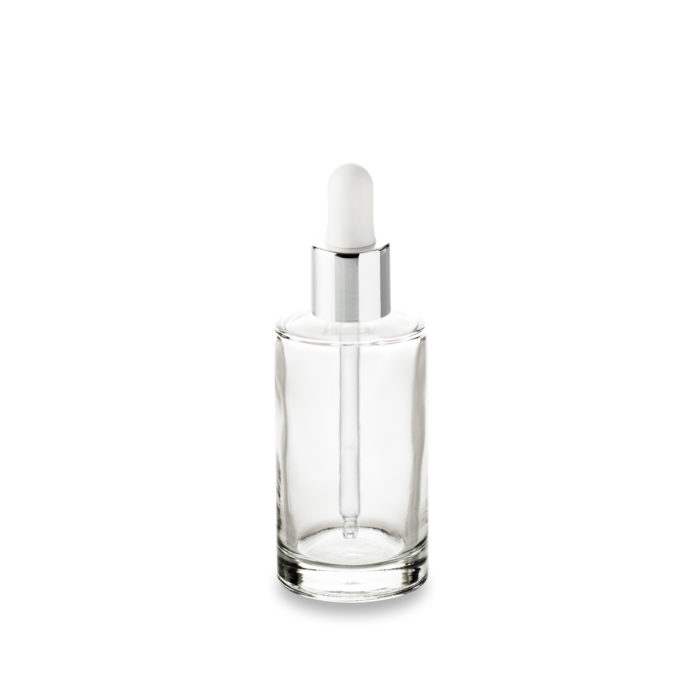 A white dropper with a silver neck to dispense your oils and serums with the 50 ml glass Orion bottle from Embalforme ring GCMI 18/415