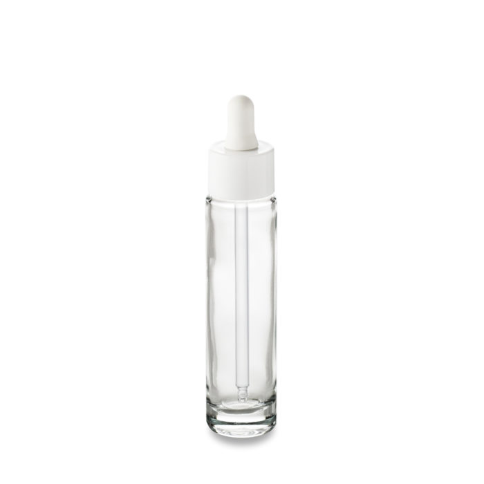 The Comète 30 ml GCMI 18/415 bottle and its white wide neck dropper for a classy packaging signed Embalforme.
