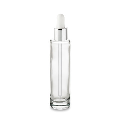 The Comète 50 ml GCMI 18/415 bottle and its white silver neck dropper for a small format packaging signed Embalforme.