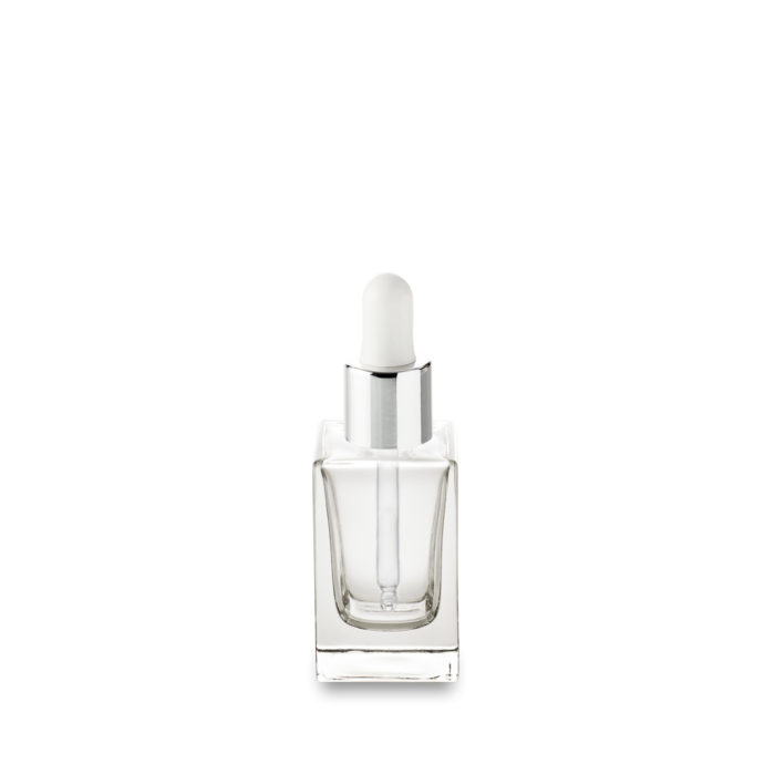 30 ml Vénus glass bottle of Emblaforme GCMI 18/415 and its white dropper with silver neck