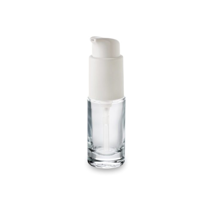 A luxurious 30 ml glass cosmetic bottle with ergonomic pump