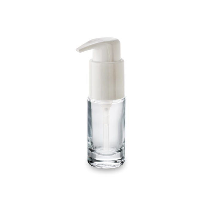 A premium glass cosmetic bottle 30 ml with long nozzle pump