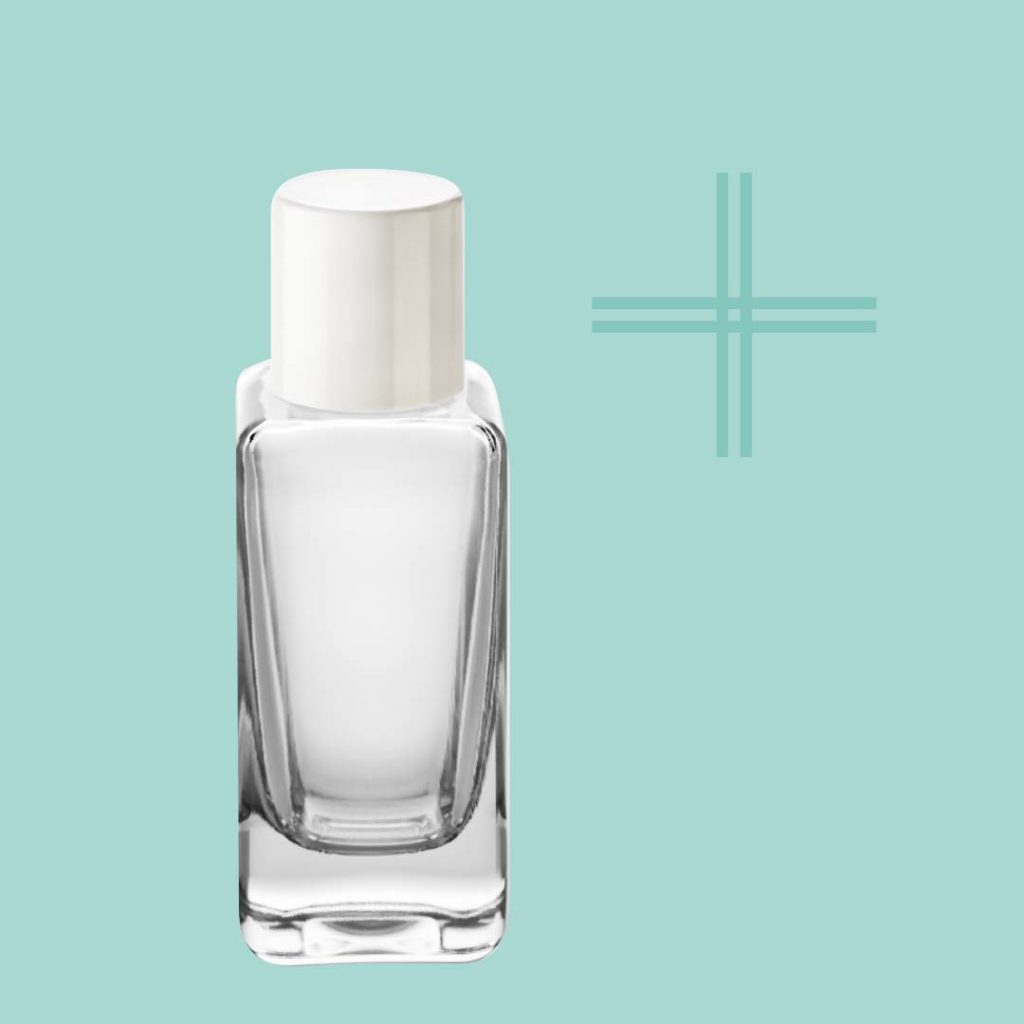 50 ml square cosmetic bottle in glass with white cap