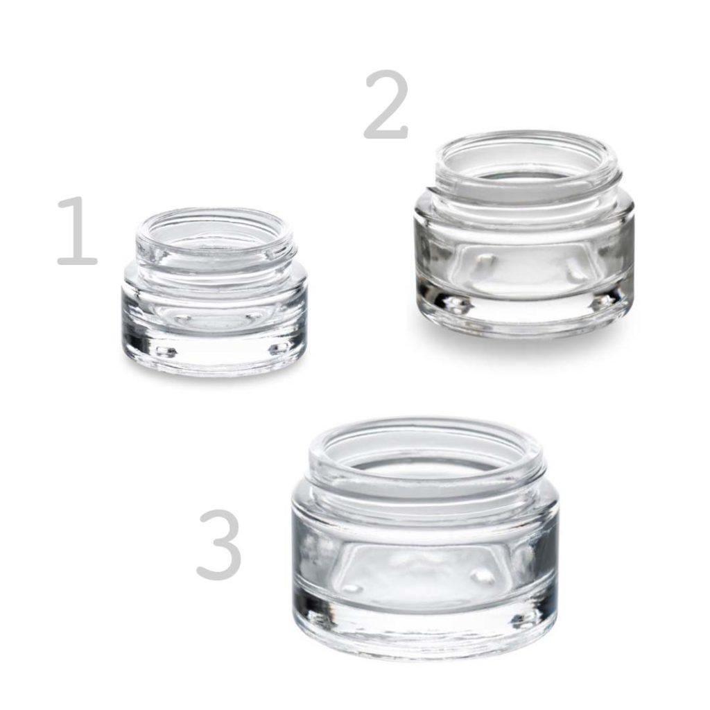 Three Classique glass cosmetic jars with different sizes : 50 ml, 100 ml and 200 ml.