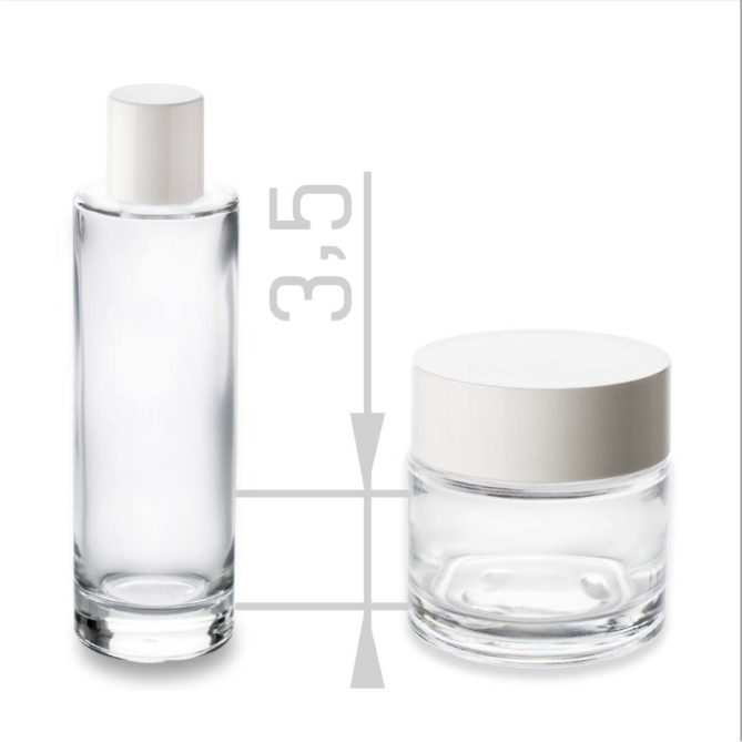 Glass bottle with white screw cap and glass jar 100 ml with white lid