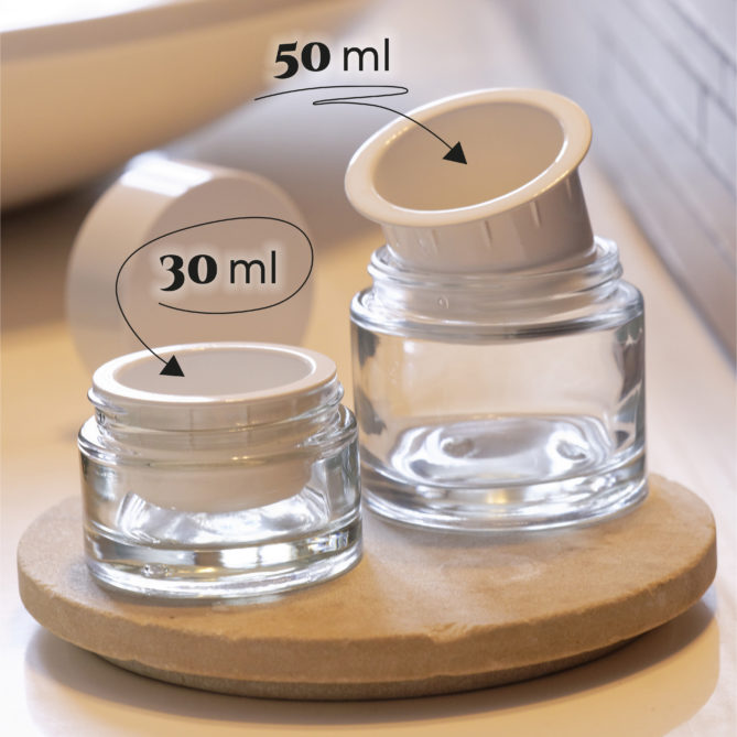 glass jars and refillable cups in 30 ml and 50 ml