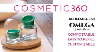 Omega refillable jar highlighted on cosmetic 360