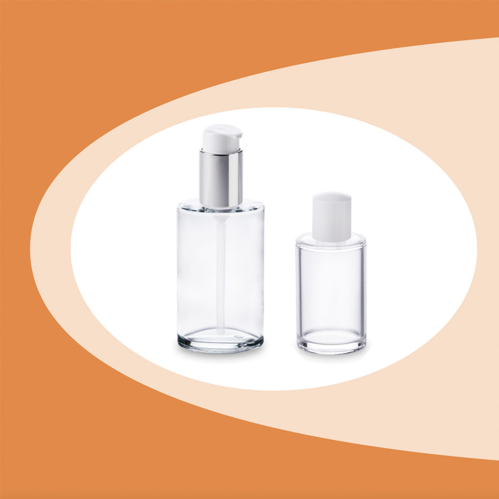 30 ml and 100 ml oval glass bottles with high cap and pump